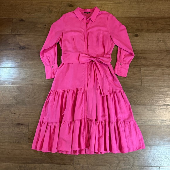 Kobi Halperin Dresses & Skirts - Kobi Halperin Pink Tencel Linen Tiered Midi Shirt Dress XL Hot Pink Long‎ Slv